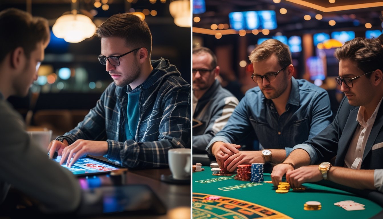 Seseorang bermain poker online di laptop di rumah dan sekelompok orang bermain poker di meja kasino secara konvensional.