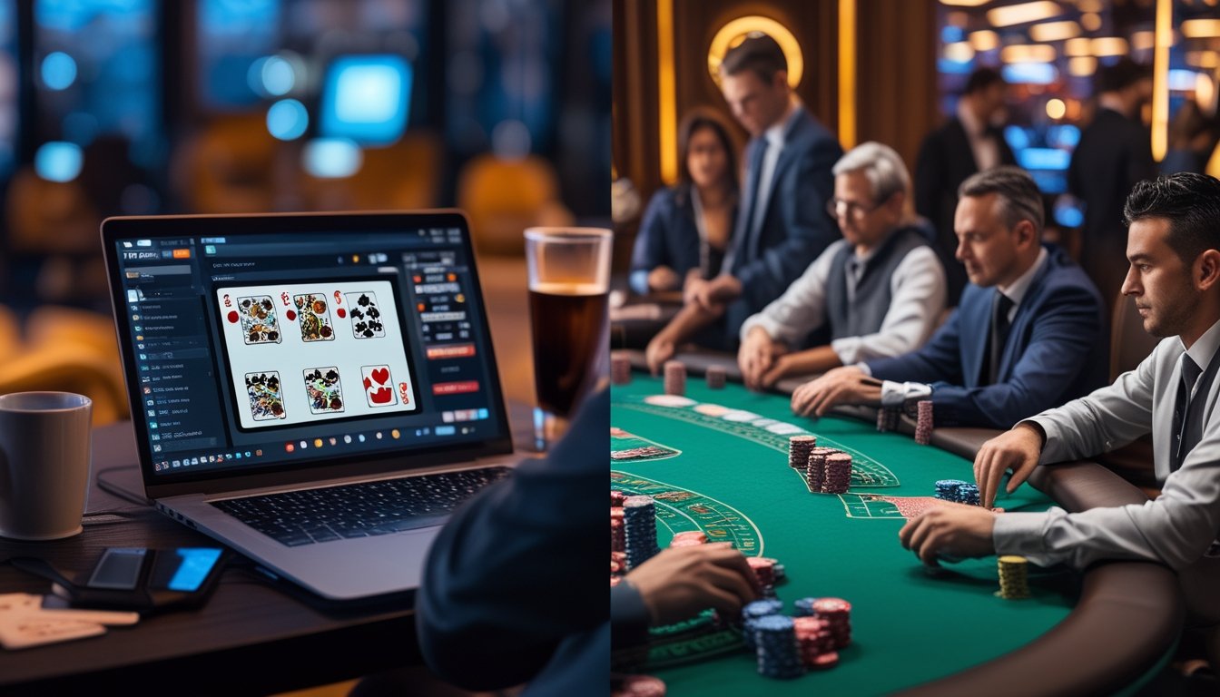 Gambaran perbedaan antara poker online di depan laptop dan poker konvensional di meja kasino dengan pemain yang sedang bermain.