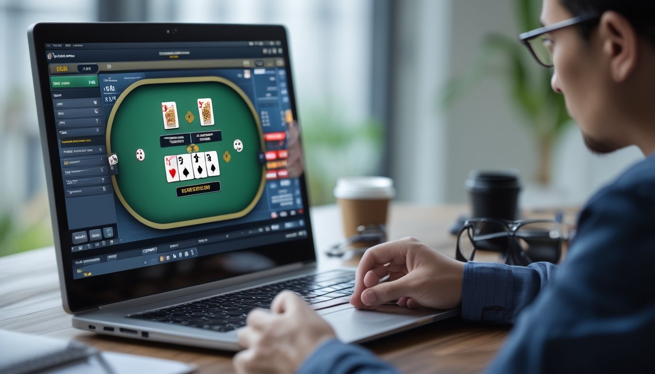 Seseorang sedang fokus mengamati permainan poker online di layar komputer dengan chip dan kartu poker digital terlihat jelas.