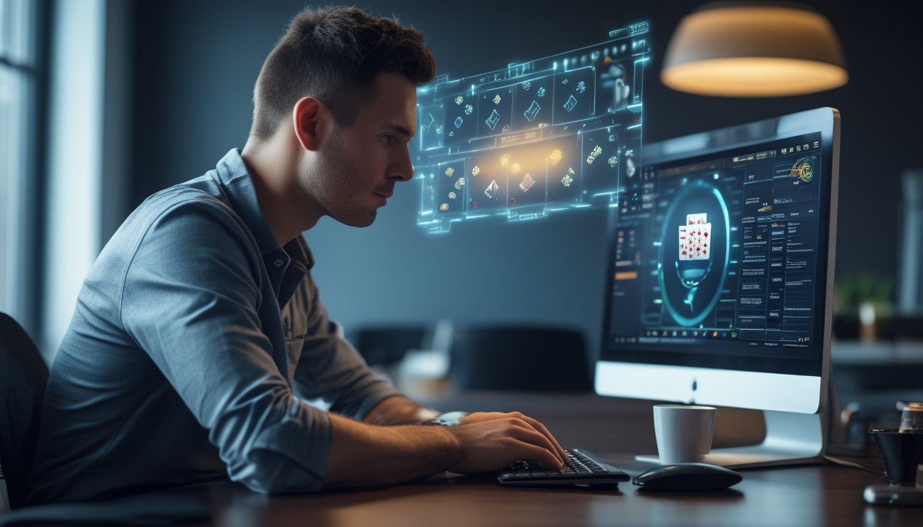 Seorang pria dewasa fokus mengamati layar komputer saat bermain poker online di meja virtual.