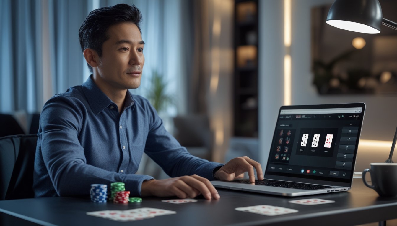 Seorang pria dewasa duduk di depan laptop dengan kartu poker dan chip di meja, tampak fokus bermain poker online di ruangan yang nyaman.