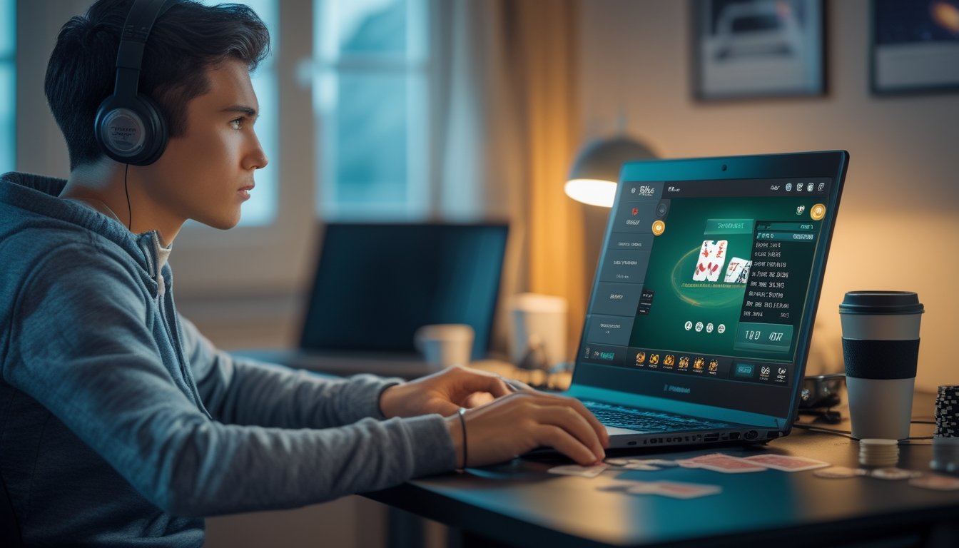 Seorang pria muda fokus bermain poker online di depan laptop dengan chip poker dan kartu di meja.