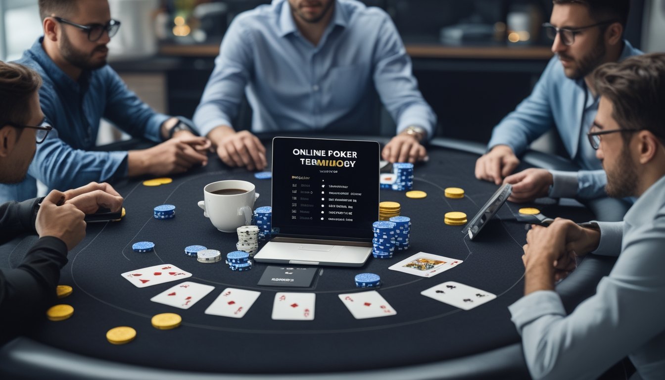 Beberapa pemain poker profesional duduk di sekitar meja poker dengan kartu, chip, dan perangkat elektronik yang menampilkan permainan poker online.