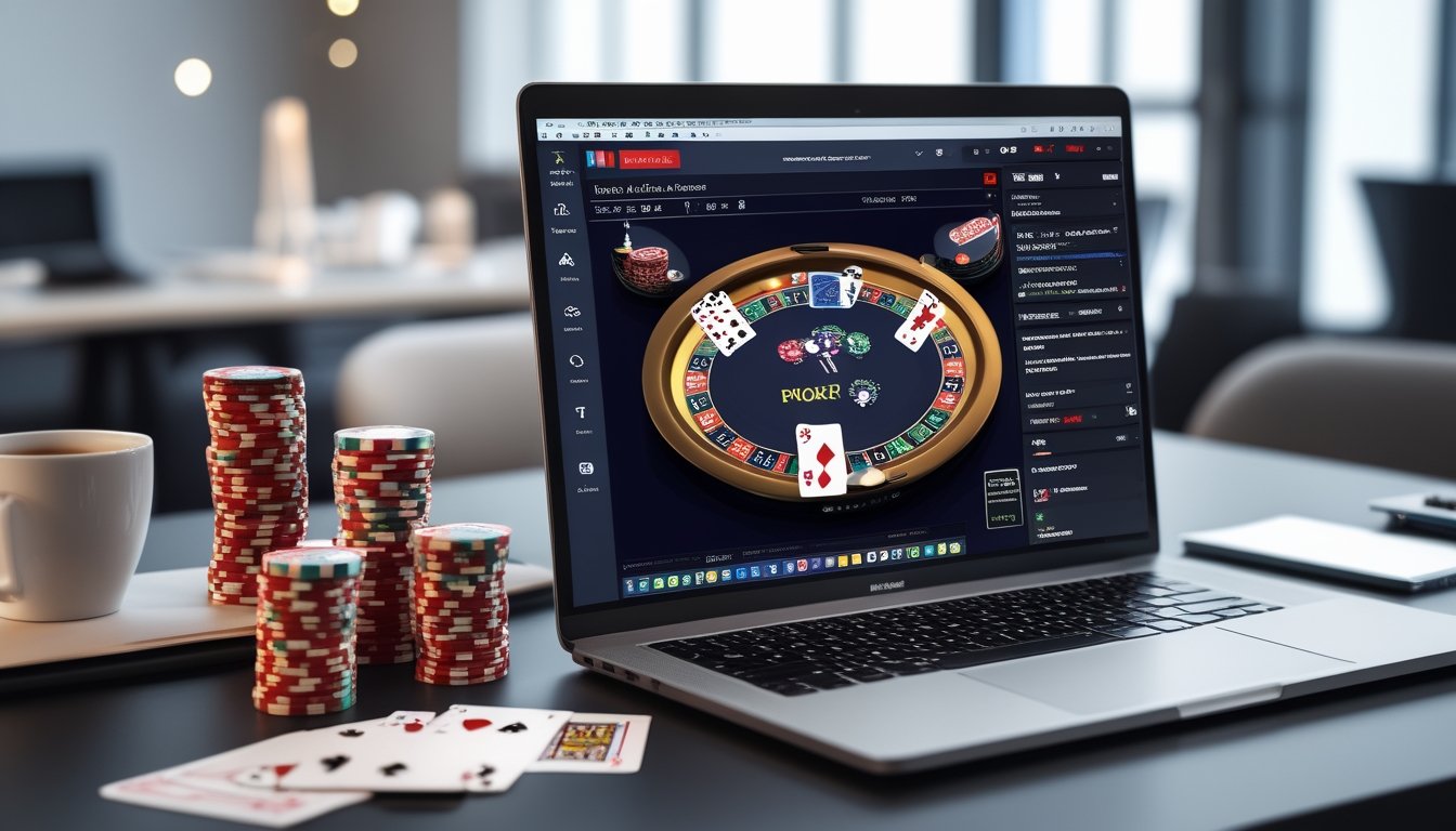 Sebuah meja kerja dengan komputer yang menampilkan permainan poker online, dikelilingi oleh tumpukan chip poker dan kartu remi.