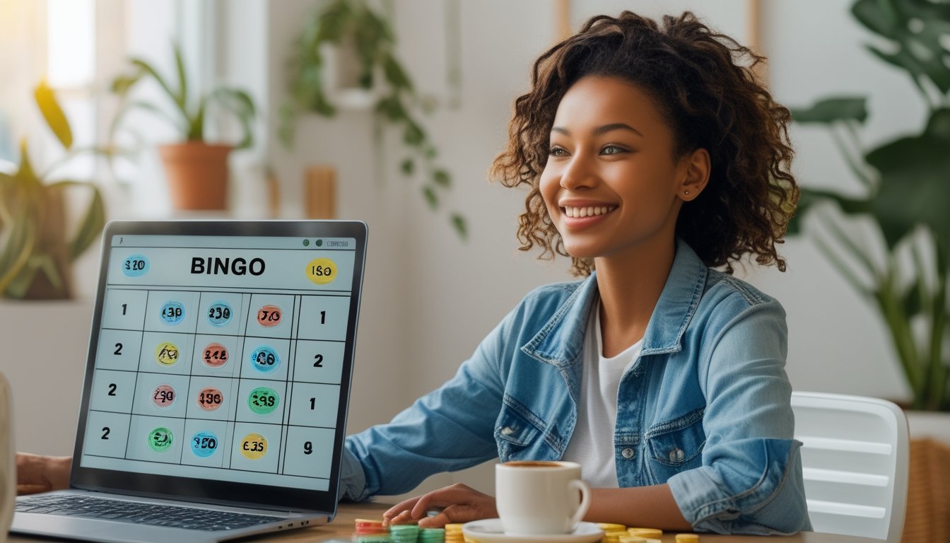 Seorang dewasa muda duduk di meja modern bermain bingo online dengan laptop di ruang kerja yang nyaman dan terang.