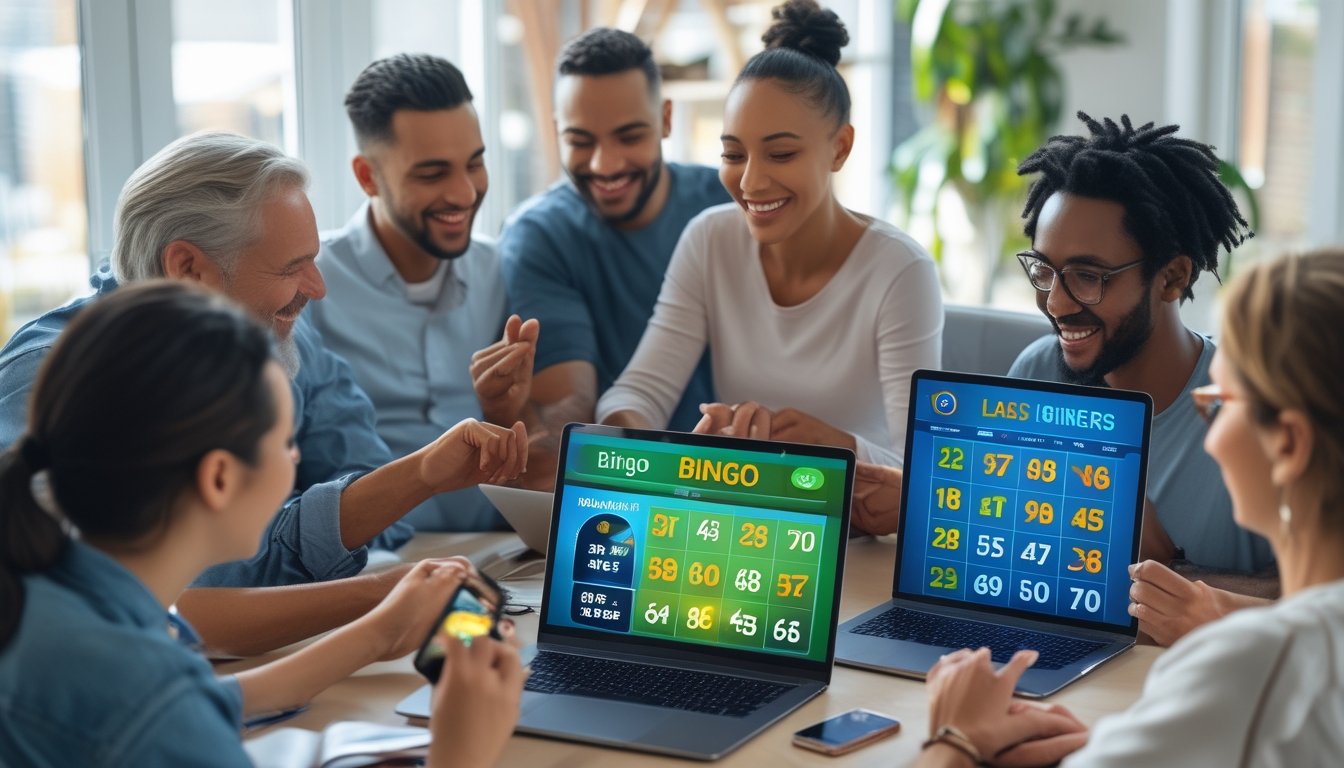 Beberapa orang bermain bingo online menggunakan laptop dan ponsel di ruangan yang nyaman dengan pencahayaan alami.