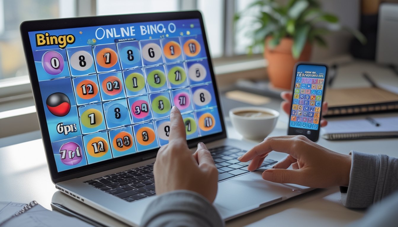 Suasana ruang kerja di rumah dengan laptop yang menampilkan permainan bingo online, tangan seseorang yang siap berinteraksi dengan layar, dan beberapa alat tulis di atas meja.