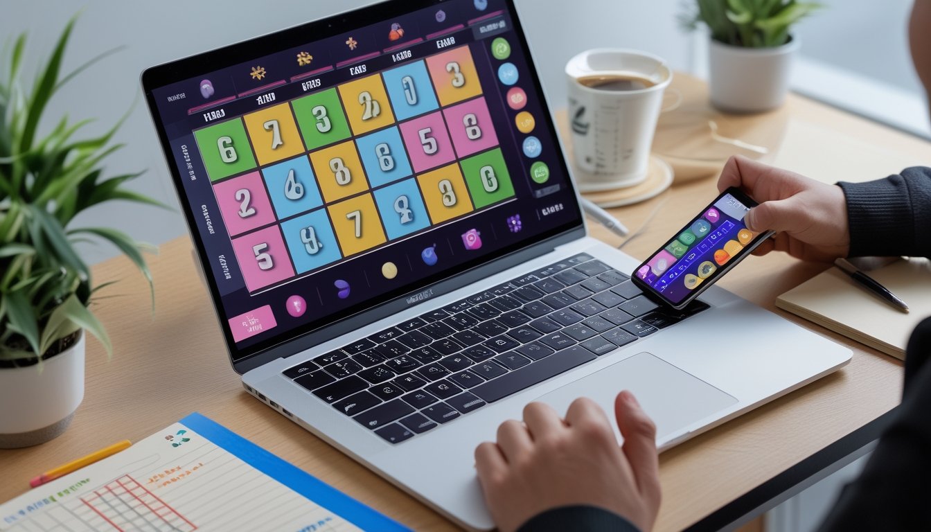 Seseorang sedang bermain bingo online dengan laptop dan ponsel di meja kerja yang rapi.