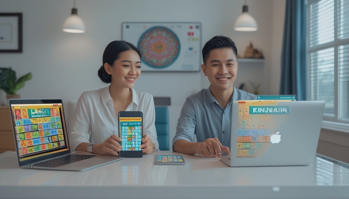 Seorang pria dan wanita muda Indonesia bermain bingo online di ruang tamu yang nyaman dengan perangkat laptop dan ponsel.