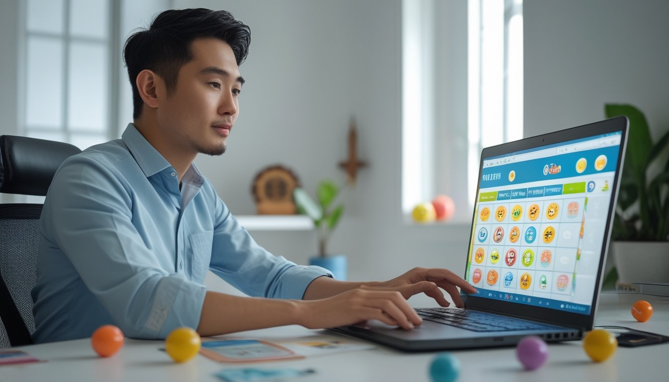 Seorang pria Asia Tenggara duduk di meja dengan laptop yang menampilkan permainan bingo, di ruang kerja rumah yang terang dan rapi.