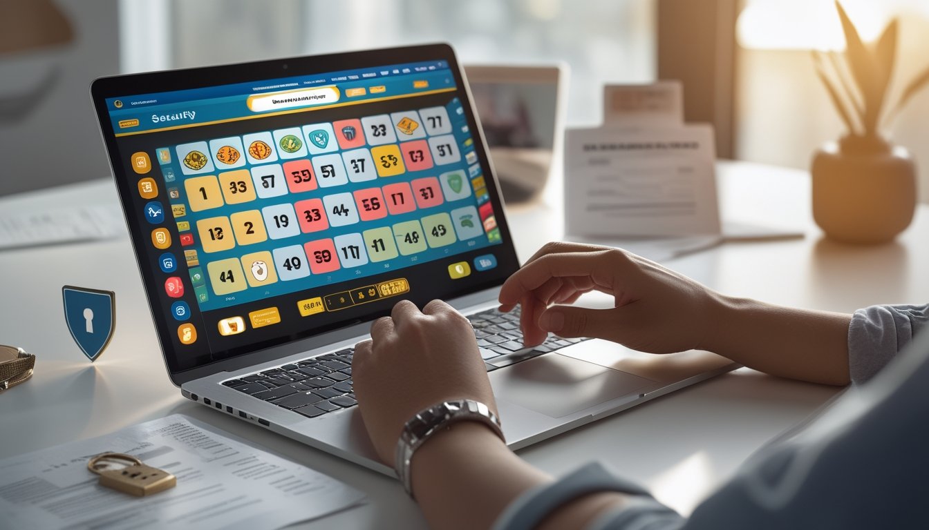 Seseorang menggunakan laptop yang menampilkan permainan bingo online dengan simbol keamanan di meja kerja.