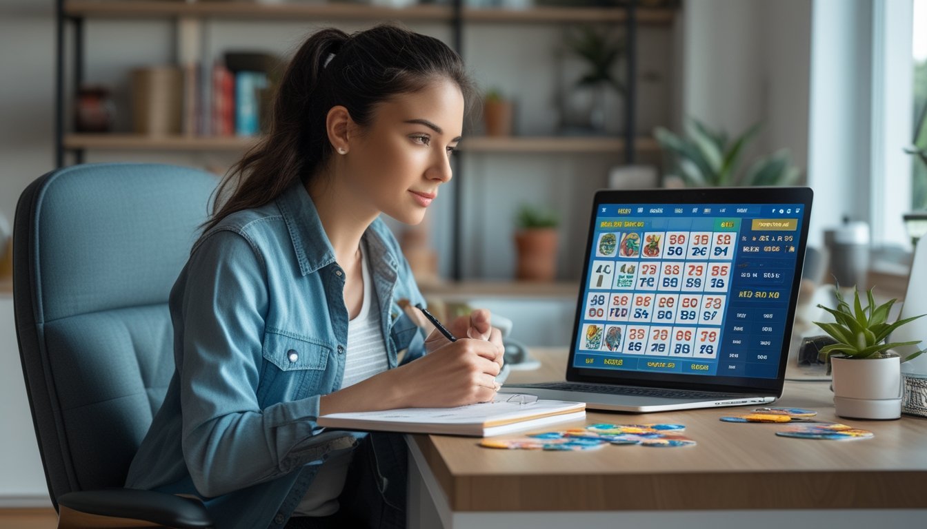 Seorang wanita muda duduk di meja dengan laptop dan catatan, fokus pada permainan bingo online.
