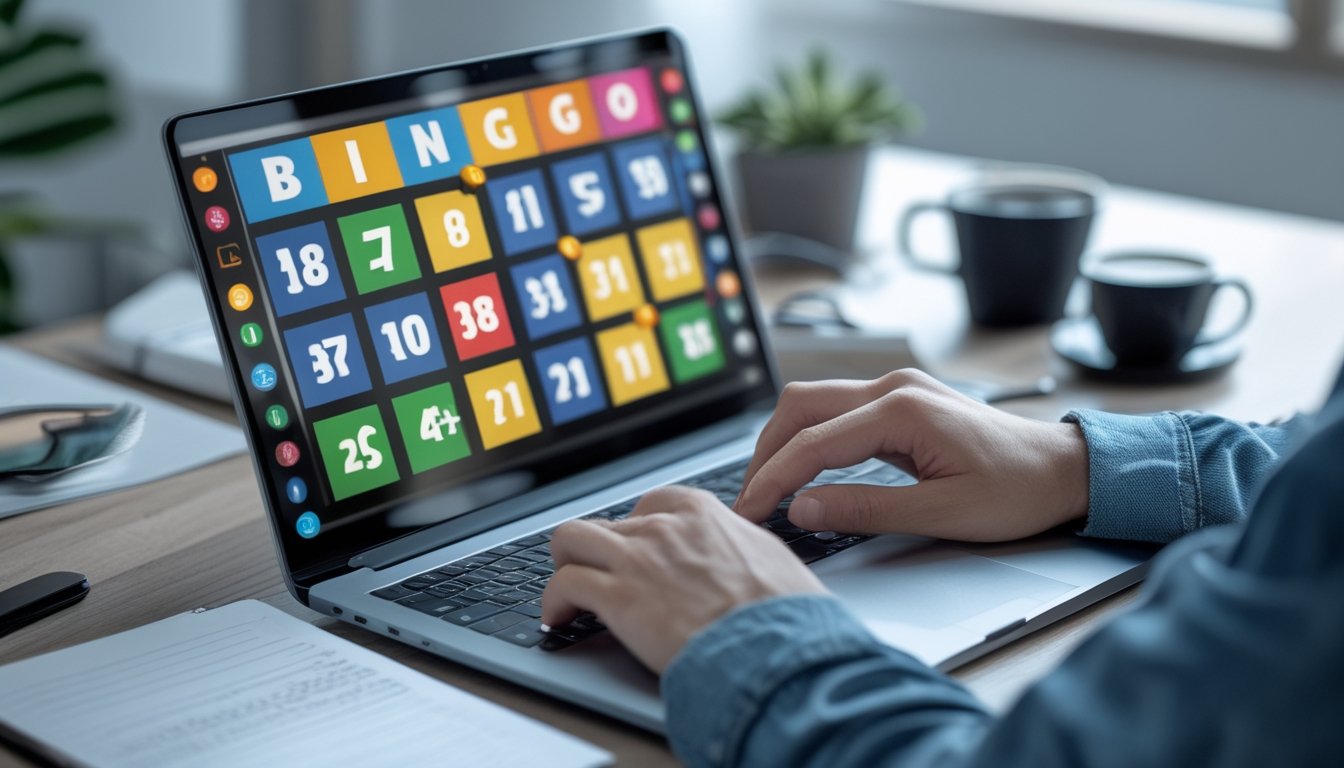 Seseorang sedang bermain bingo online di komputer dengan suasana fokus dan peralatan di meja kerja.