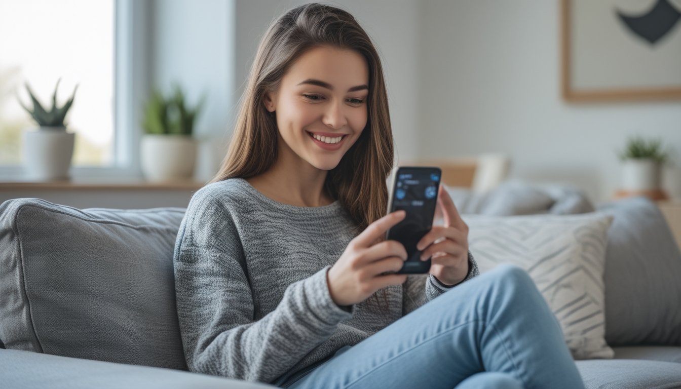 Seorang wanita muda duduk di sofa sambil memegang smartphone dan tersenyum fokus pada layar.