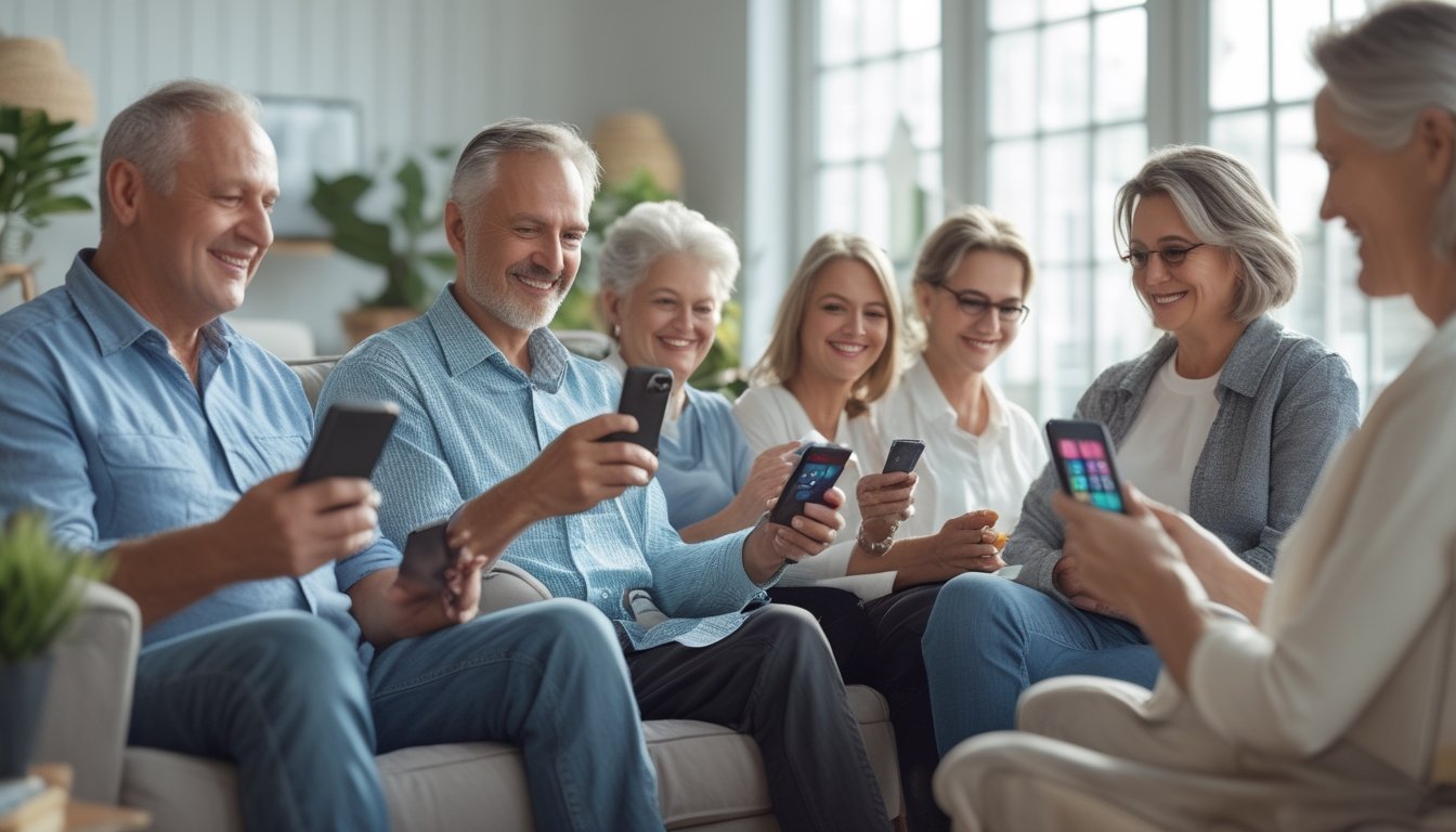 Beberapa orang dewasa bermain bingo digital menggunakan smartphone di ruang tamu yang nyaman.