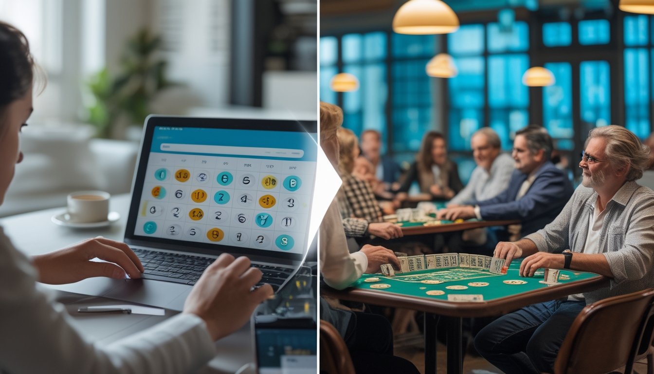 Seseorang bermain bingo online di laptop di rumah, dan sekelompok orang bermain bingo konvensional di aula bingo.