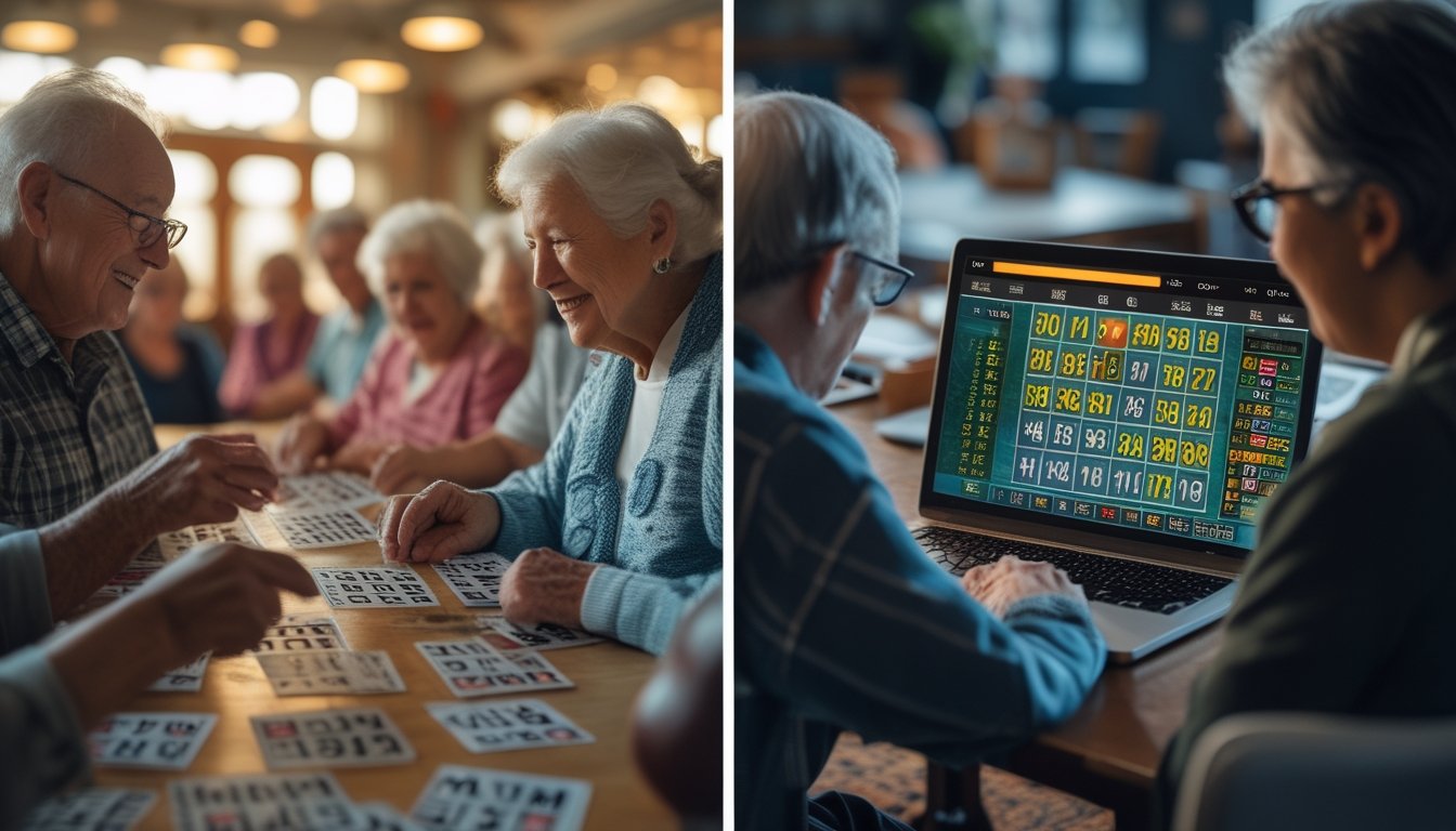 Dua orang bermain Bingo, satu menggunakan kartu fisik di ruangan komunitas, yang lain bermain Bingo online di laptop.