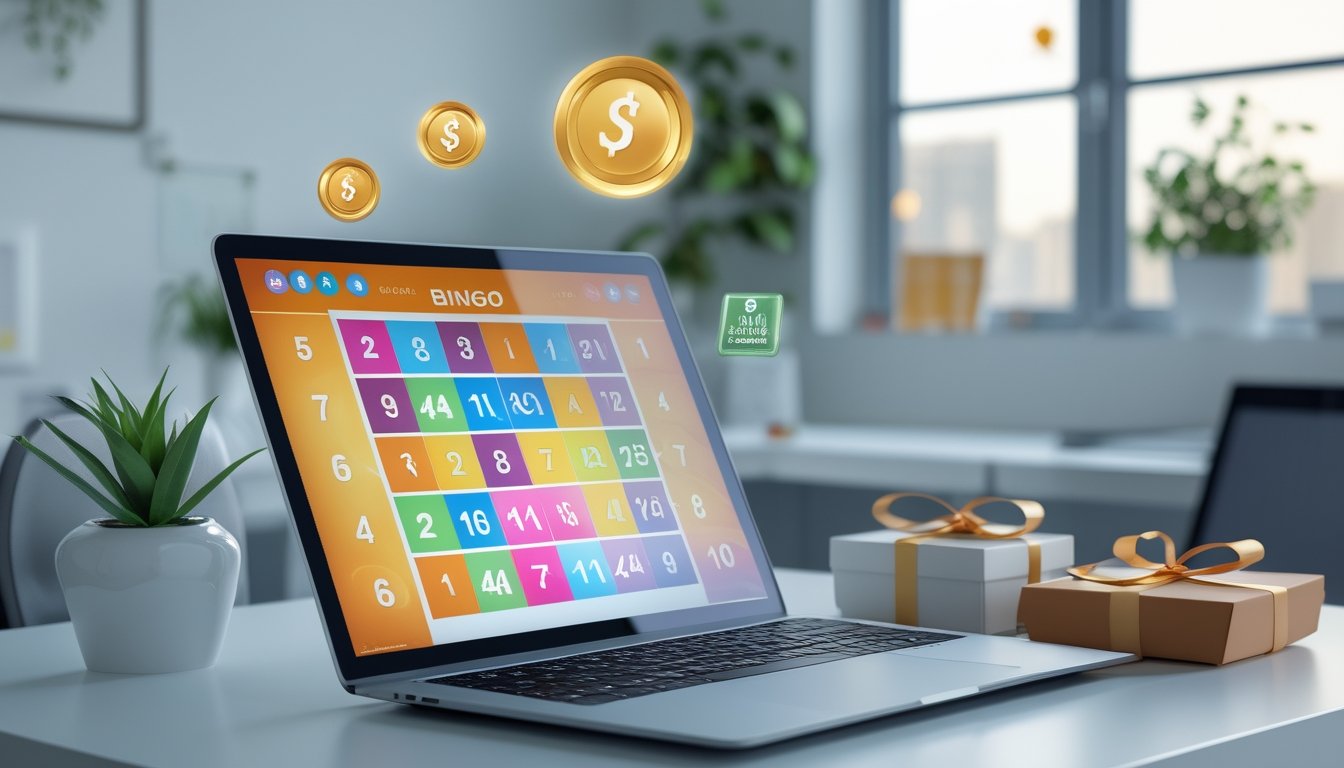 Seorang pria menggunakan laptop dengan tampilan permainan bingo online di meja kerja yang rapi dan terang.