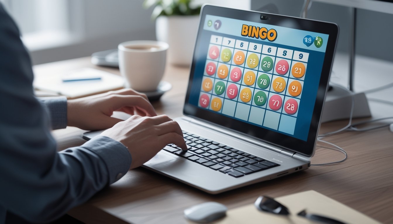 Seseorang menggunakan komputer dengan permainan bingo online di layar di sebuah meja kerja yang rapi.