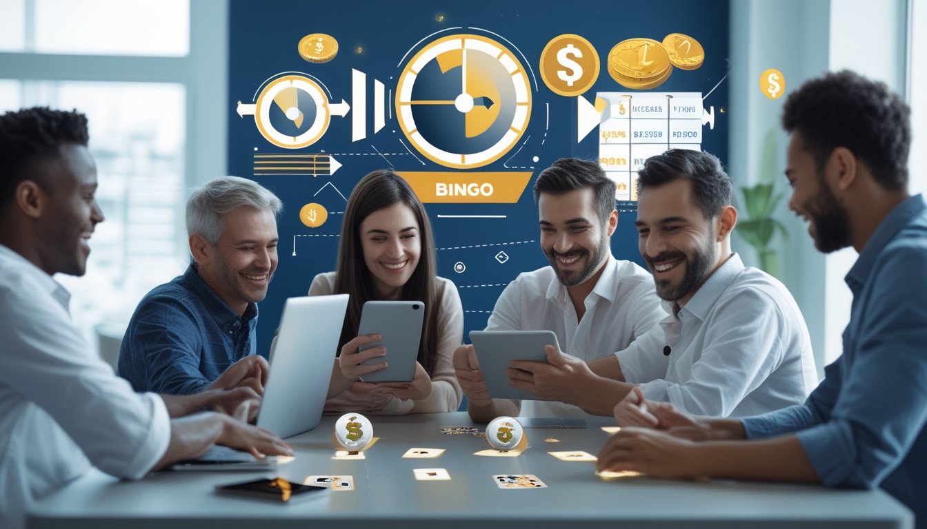 Beberapa orang bermain bingo online menggunakan berbagai perangkat digital dalam suasana yang ceria dan nyaman.