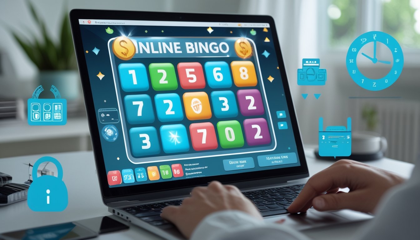 Seseorang bermain bingo online di depan laptop dengan ikon transaksi keuangan dan jam yang menunjukkan layanan 24 jam.