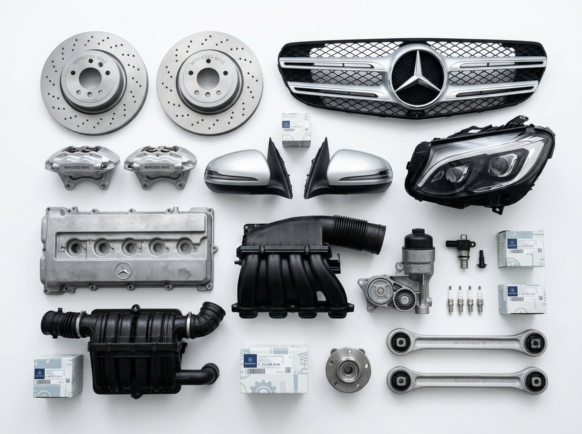 Plusieurs pièces originales de Mercedes GLC disposées proprement sur une surface blanche.