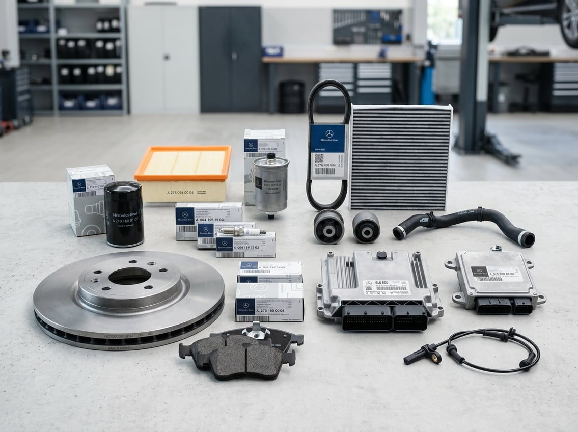 Une collection de pièces détachées authentiques pour Mercedes GLC disposées sur une surface propre et bien éclairée.