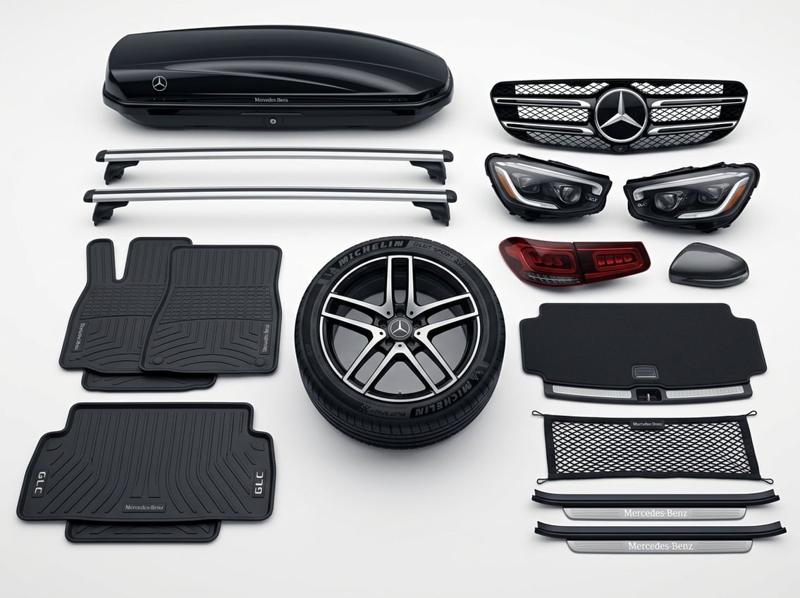 Accessoires et pièces d’origine pour une Mercedes GLC classe disposés sur un fond blanc.