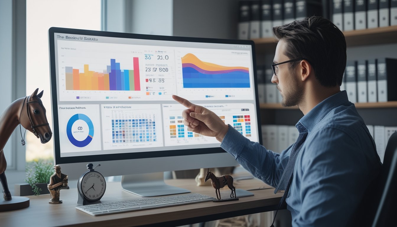 Seseorang sedang menganalisis data statistik pacuan kuda di depan komputer dengan grafik dan diagram, di meja terdapat miniatur kuda dan alat terkait pacuan kuda.