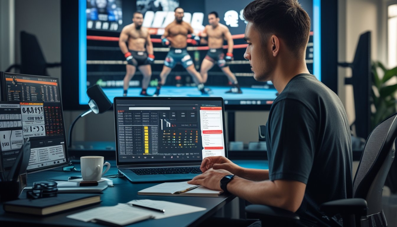 Seseorang duduk di meja dengan laptop yang menampilkan data taruhan MMA, di latar belakang pertandingan MMA sedang berlangsung.