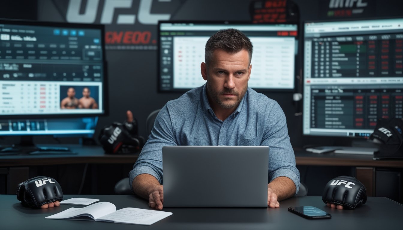 Seorang pria dewasa sedang menganalisis strategi taruhan MMA UFC di meja kerja dengan beberapa layar yang menampilkan statistik dan rekaman pertandingan.