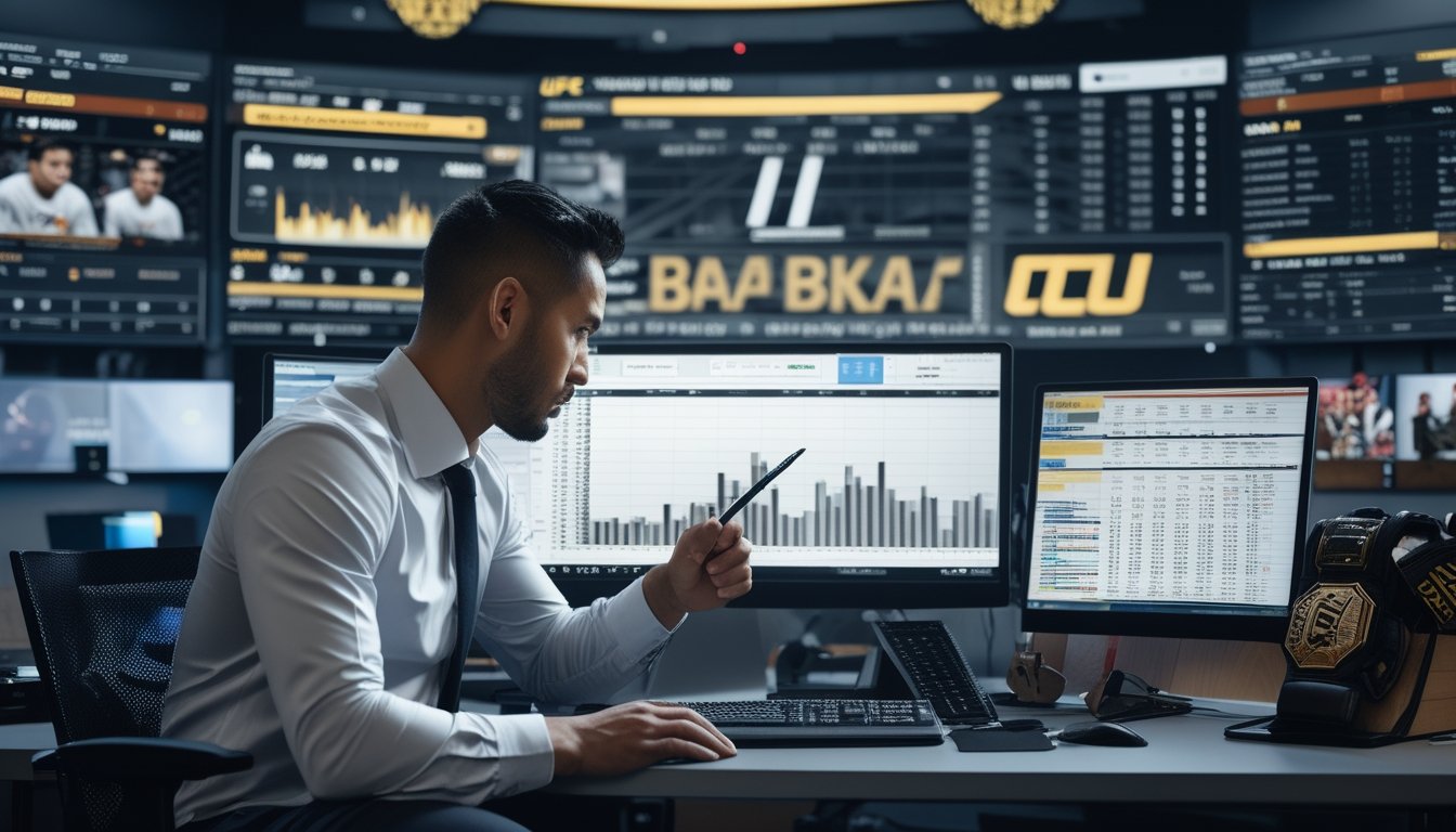 Seorang analis olahraga sedang melihat layar komputer dengan data dan statistik pertandingan MMA UFC di sebuah kantor modern.