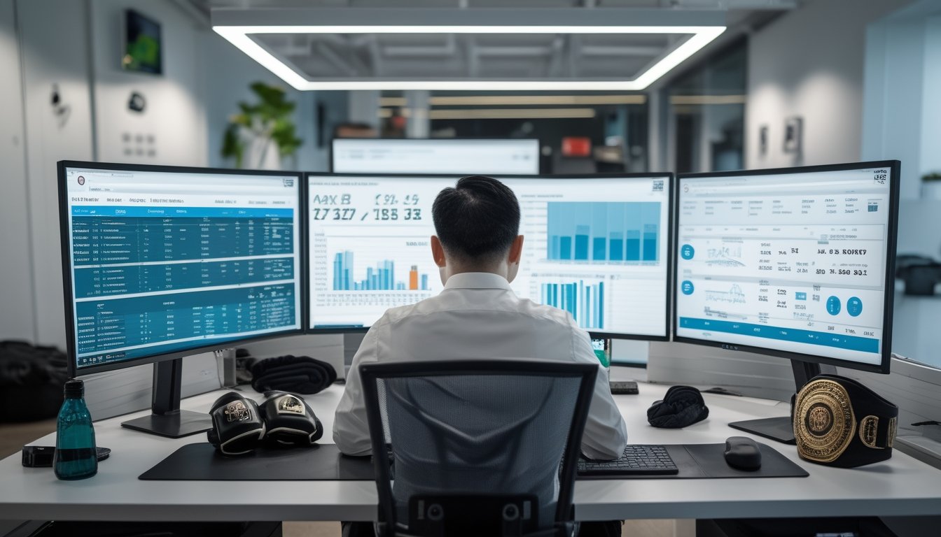 Seorang pria sedang menganalisis data statistik petarung MMA di depan beberapa monitor komputer dalam sebuah ruang kerja yang rapi dan terang.
