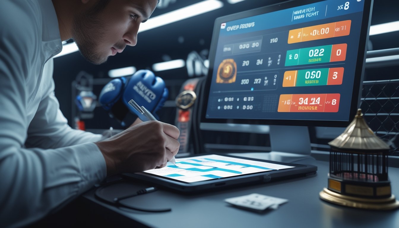 Seorang petaruh sedang menganalisis data taruhan MMA over/under rounds di depan layar digital dengan grafik odds dan jumlah ronde.