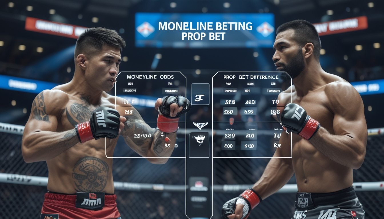 Pertandingan MMA di dalam kandang dengan dua petarung sedang bertarung, di latar depan terdapat elemen visual yang menggambarkan jenis taruhan Moneyline dan Prop Bet.