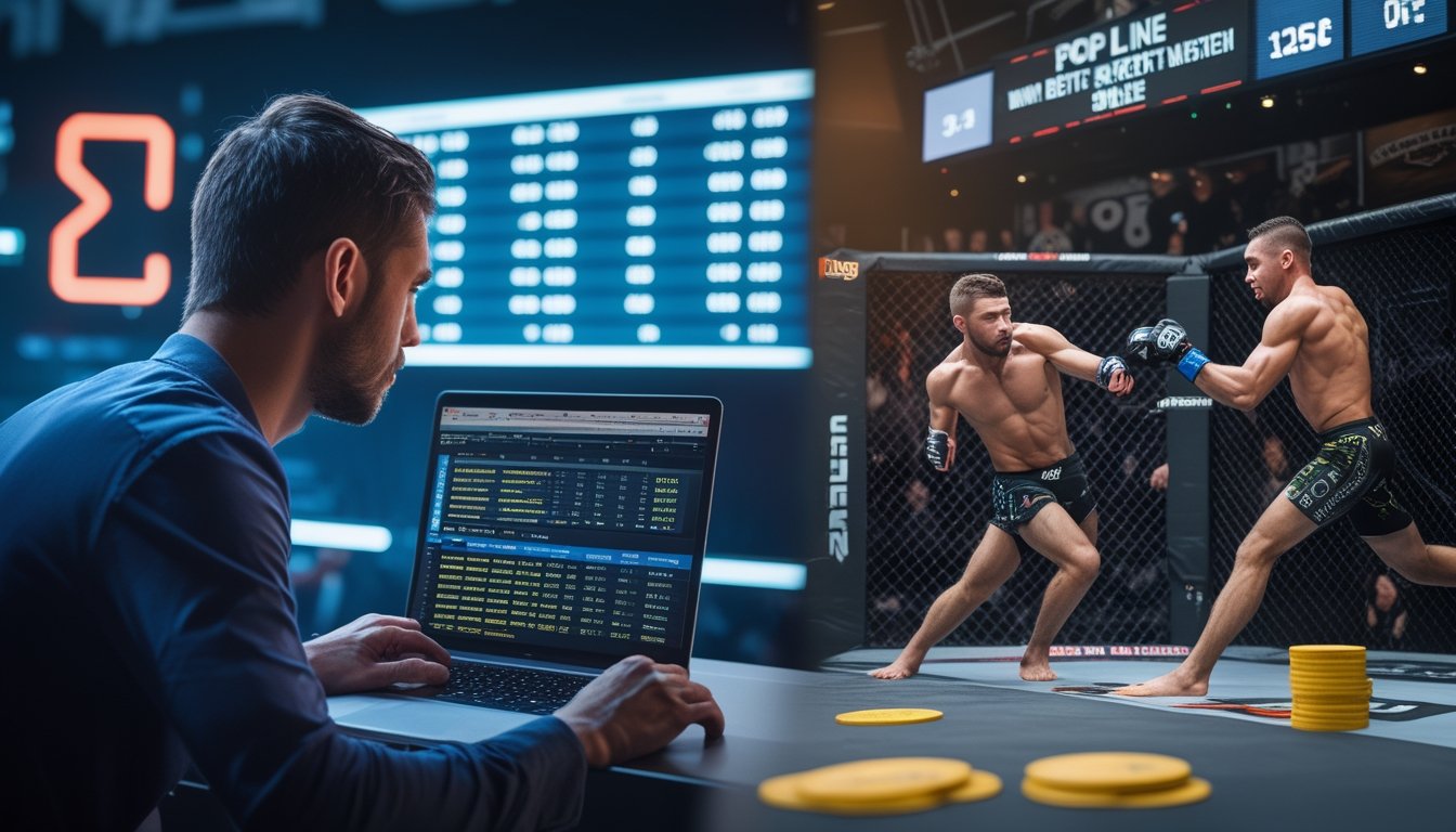 Seorang pria sedang menganalisis statistik pertarungan MMA di laptop sementara dua petarung MMA bertanding di oktagon di latar belakang.