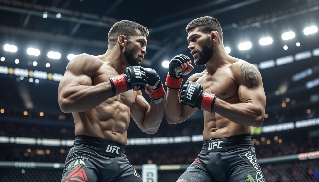 Dua petarung UFC sedang bertarung di dalam kandang dengan penonton dan lampu arena di latar belakang.
