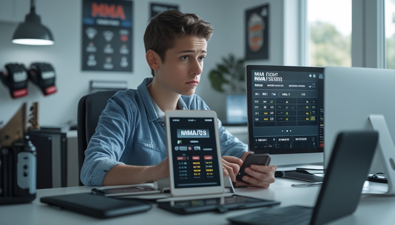 Seseorang duduk di meja dengan beberapa perangkat digital yang menampilkan statistik dan peluang taruhan MMA, terlihat fokus dan berhati-hati.