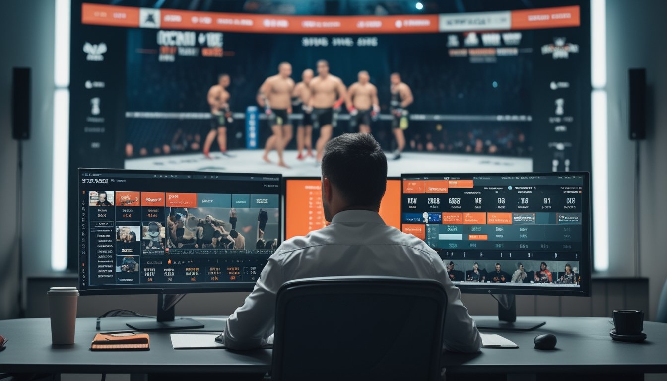 Seorang analis olahraga sedang bekerja di meja dengan beberapa monitor menampilkan statistik dan rekaman pertandingan MMA dan UFC yang sedang berlangsung.