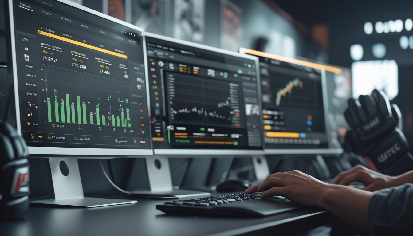 Meja kerja dengan beberapa layar komputer menampilkan statistik dan data taruhan pertandingan MMA dan UFC, dengan tangan seseorang yang sedang menganalisis data.