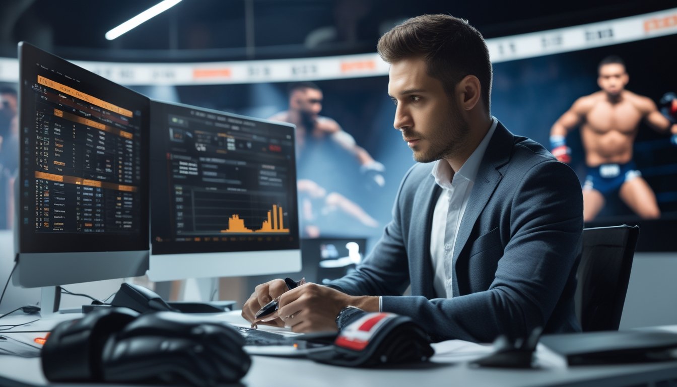 Seorang analis duduk di meja dengan beberapa monitor komputer yang menampilkan statistik dan grafik pertarungan MMA, dengan layar besar di latar belakang menunjukkan adegan pertarungan MMA.