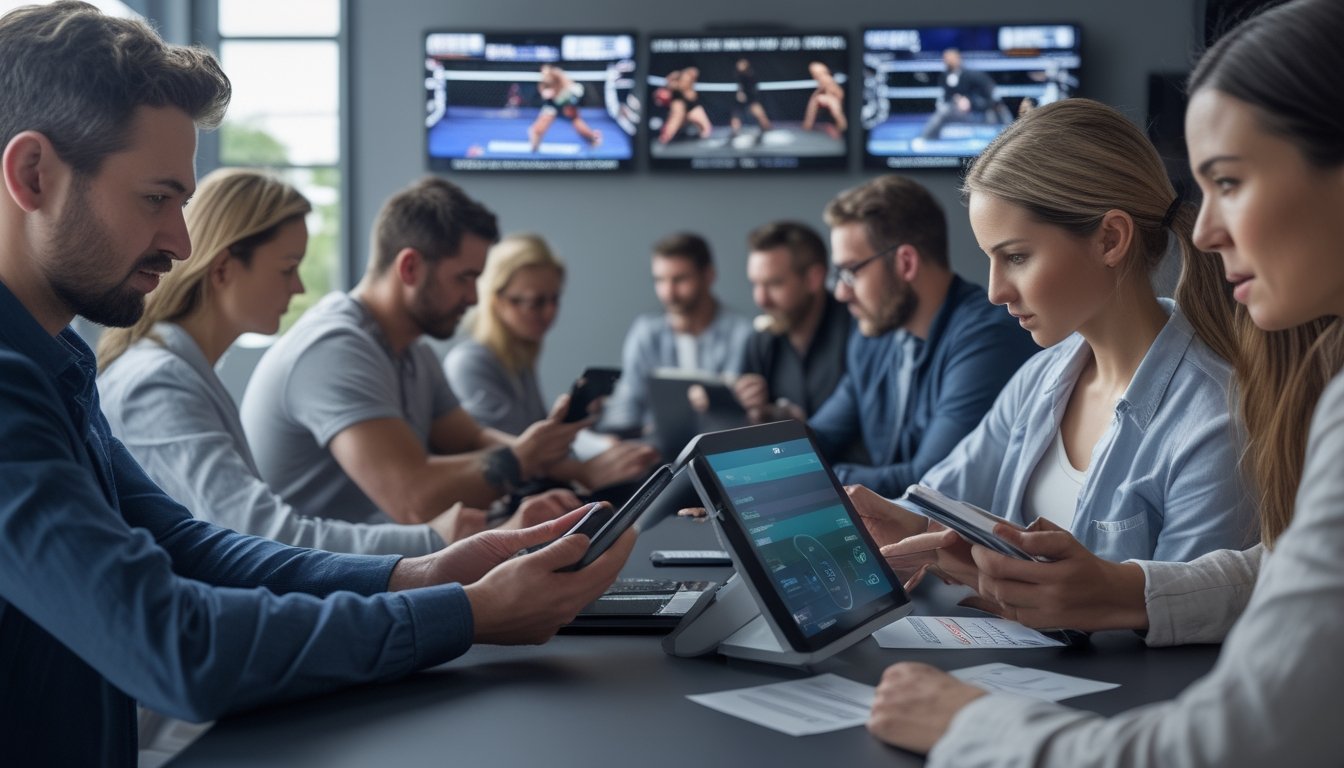 Beberapa orang menonton pertandingan MMA langsung di layar besar sambil menggunakan perangkat digital untuk memasang taruhan.