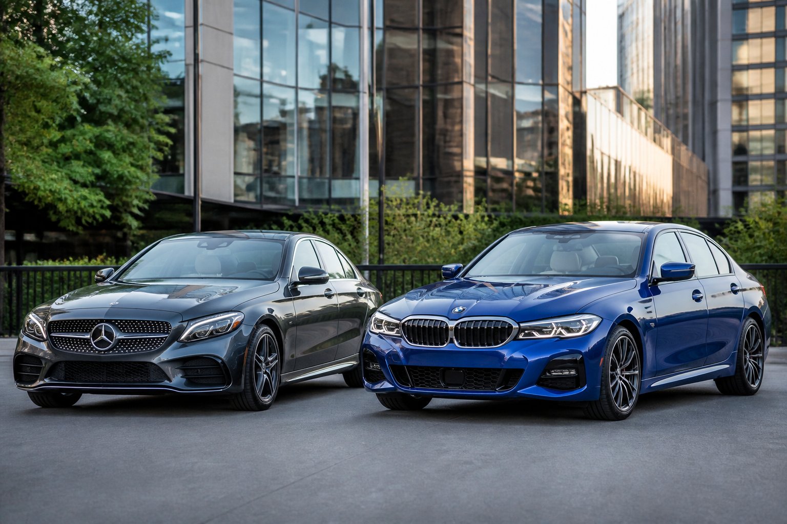 Twee luxe sedans, een Mercedes-Benz C-Klasse en een BMW 3 Serie, geparkeerd naast elkaar op een stadsstraat.