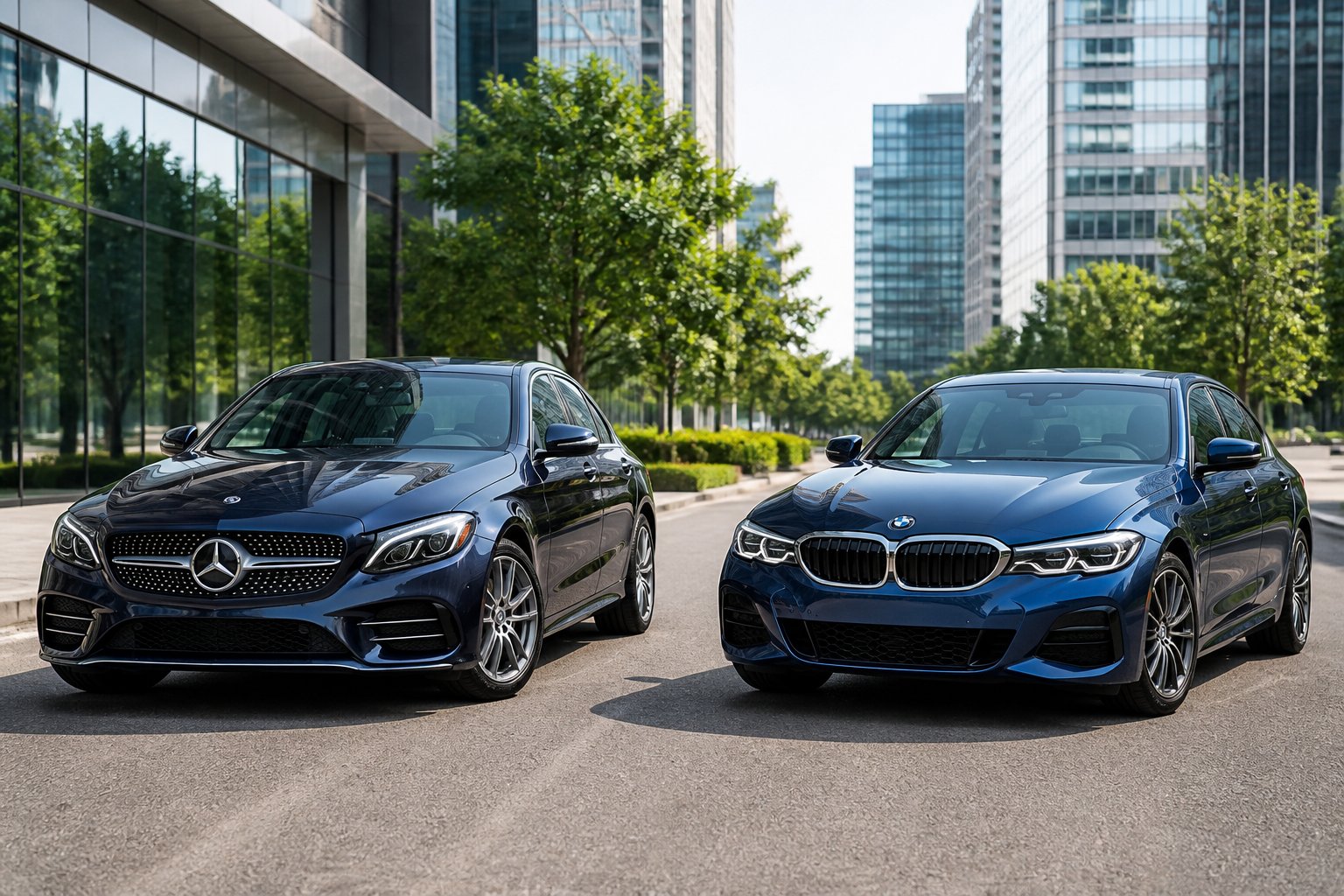 Twee luxe auto's, een Mercedes-Benz C-Klasse en een BMW 3 Serie, geparkeerd naast elkaar op een stedelijke straat.