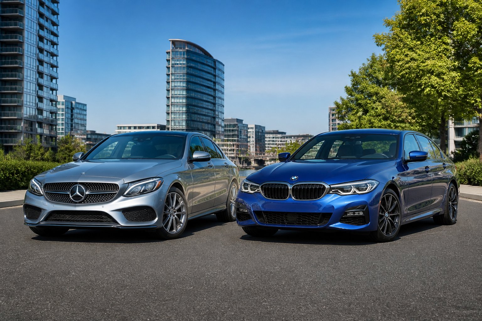 Twee luxe auto's, een Mercedes-Benz C-Klasse en een BMW 3 Serie, geparkeerd naast elkaar op een stadsstraat.