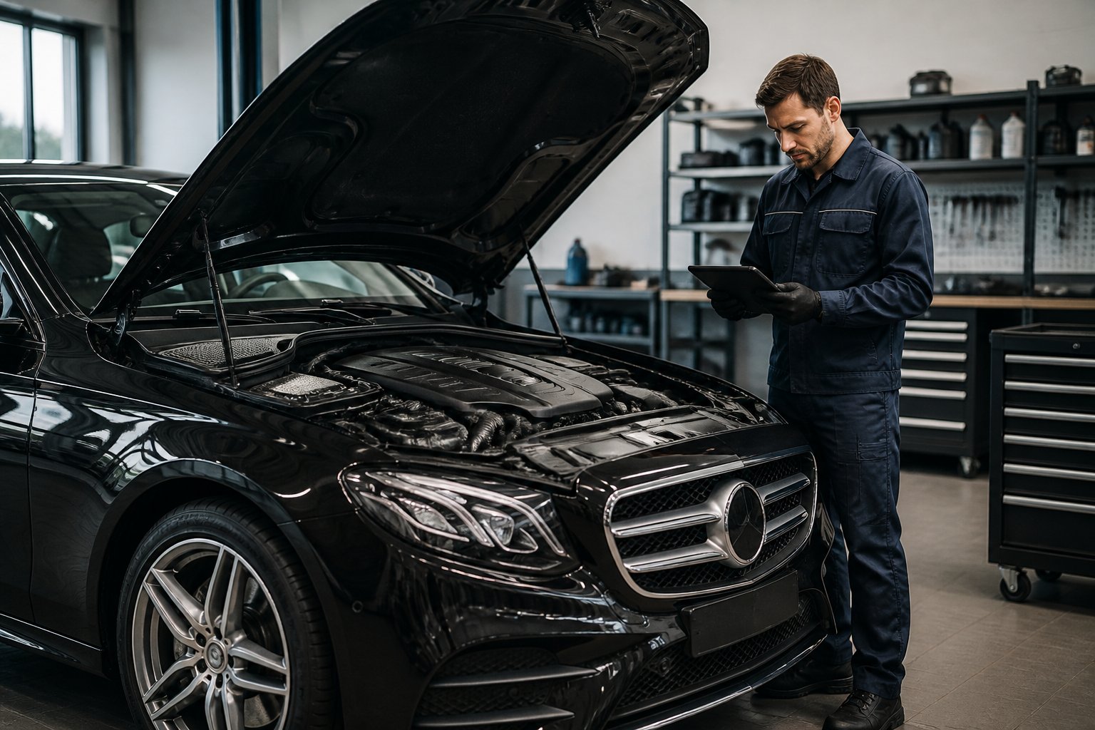 Un mécanicien inspecte le moteur d'une voiture Mercedes-Benz dans un atelier de réparation automobile propre et bien éclairé.