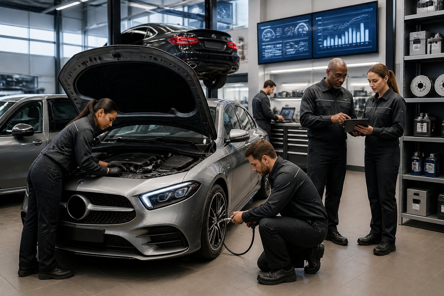 Un centre de service automobile avec plusieurs techniciens Mercedes-Benz effectuant l'entretien d'une voiture dans un environnement propre et organisé.