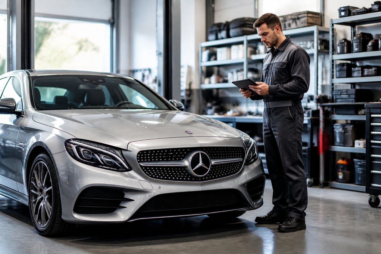 Une voiture Mercedes-Benz argentée dans un garage moderne avec un mécanicien inspectant le véhicule à l'aide d'une tablette numérique.