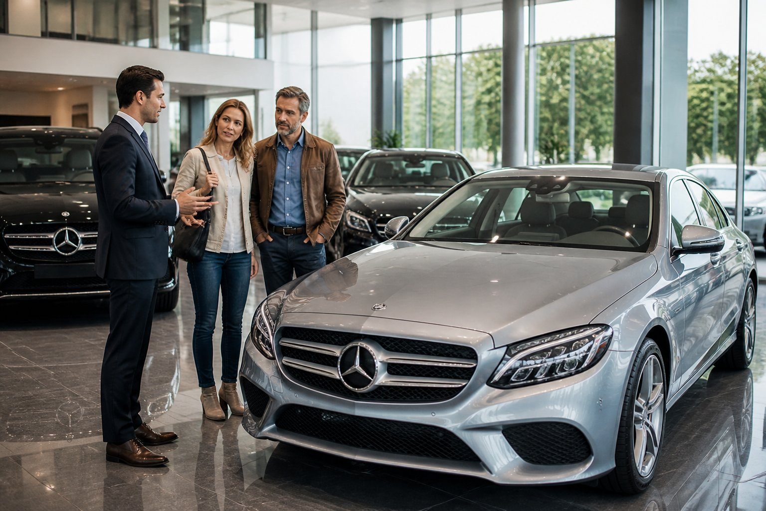A couple talking with a car salesperson inside a showroom with several used Mercedes-Benz cars.