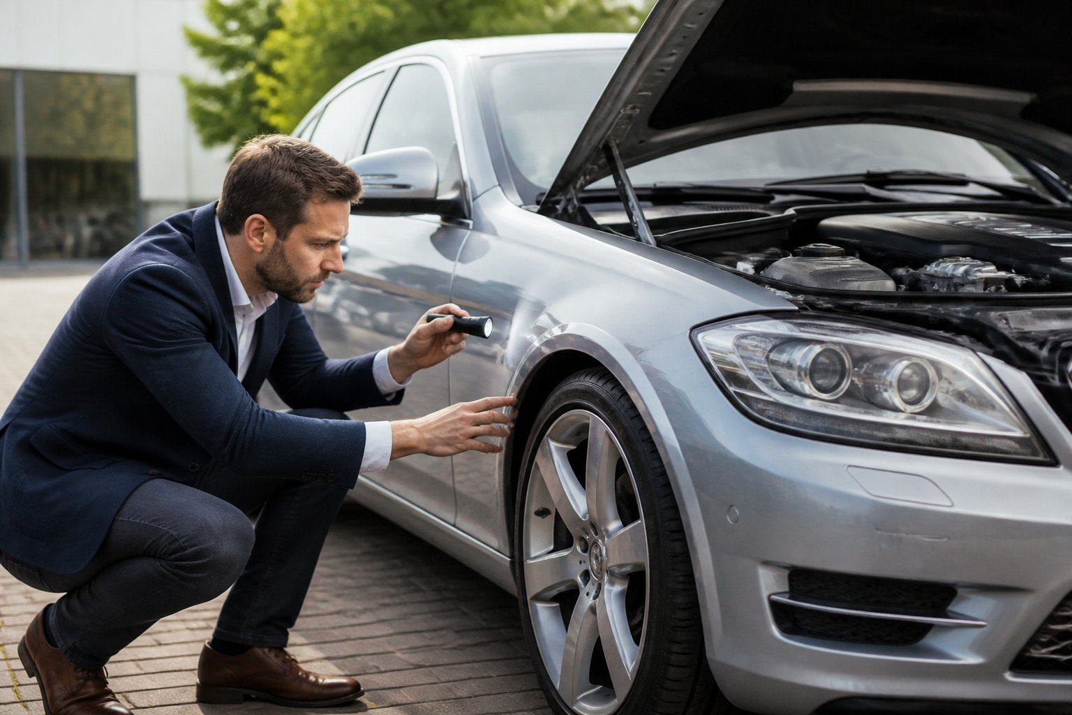 Person inspecting a used silver Mercedes-Benz car outdoors with the hood open, checking for issues.
